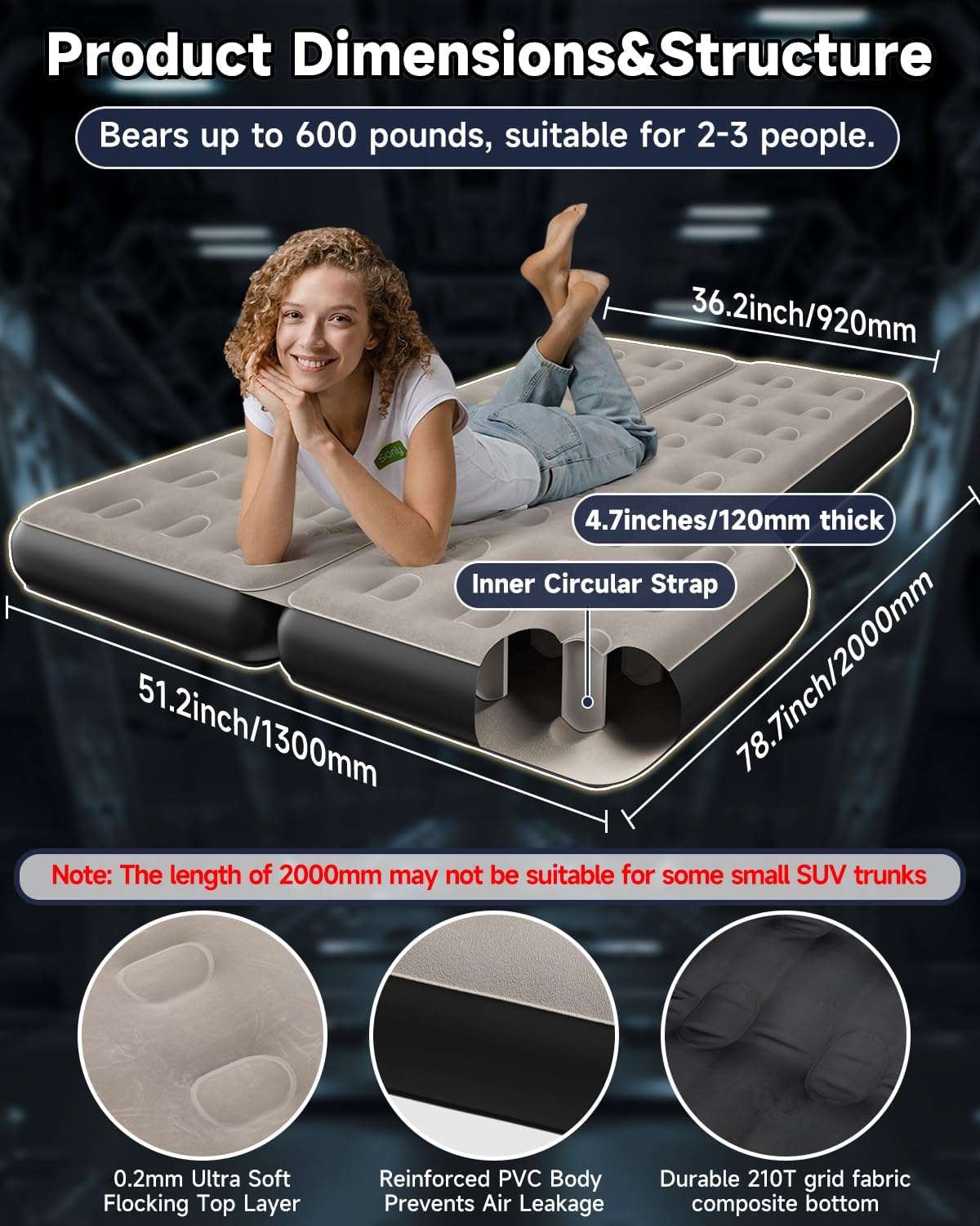 Umbrauto SUV back trunk air mattress 3.0 in khaki grey; fits 2–3 people; reinforced PVC body on Tampa Home & Garden Store