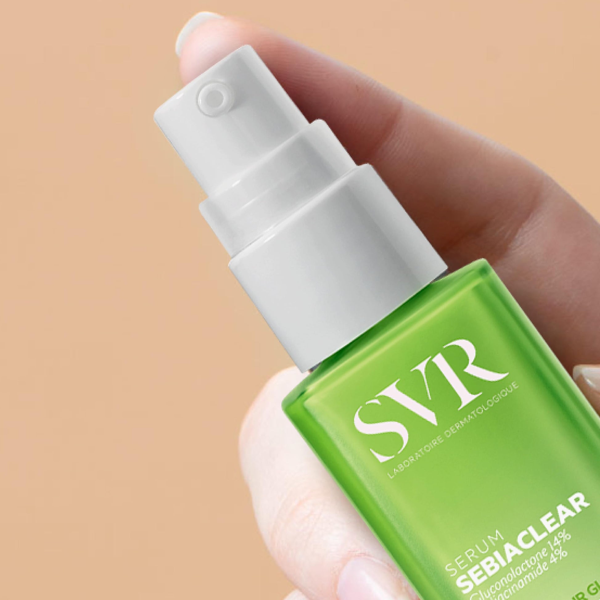 SVR Sebiaclear makeup primer bottle with white pump and green SEBIACLEAR label on tan background on Tampa Home & Garden Store