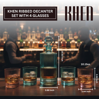 Ribbed Glass Decanter Set and 4 Whiskey Glasses