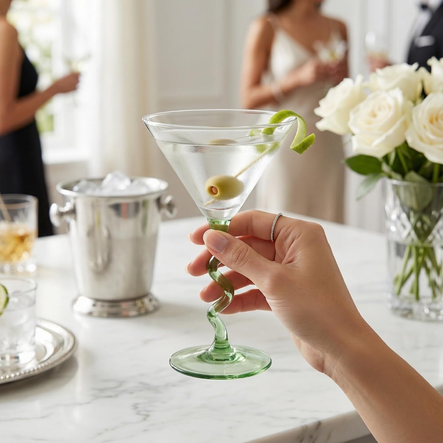 Green Spiral Stem Martini Glasses Set of 2