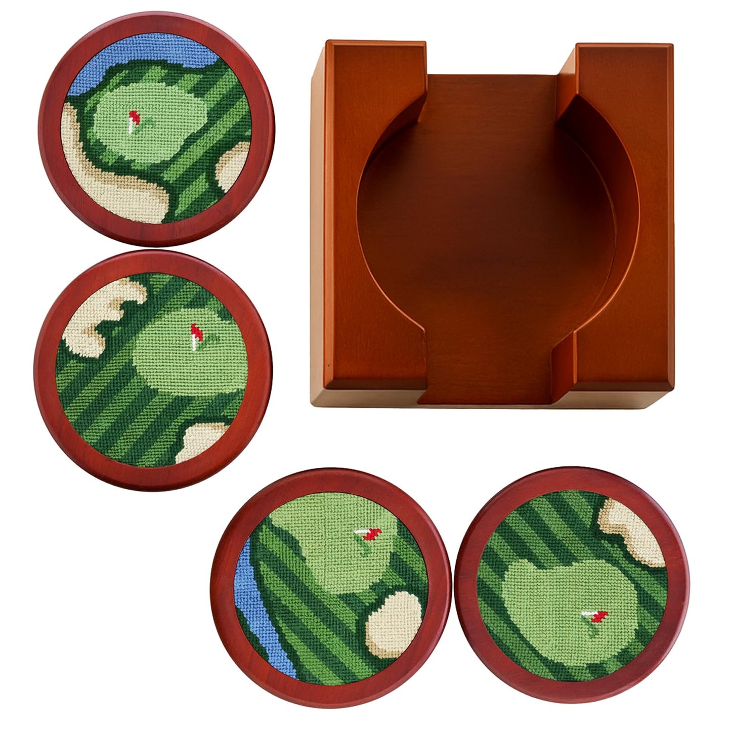 Set of Four Wooden Golf Coasters With Holder