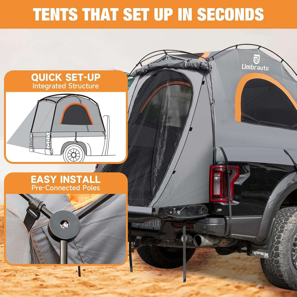 Umbrauto 6.4-6.7FT truck bed tent for 2, gray with orange trim on pickup with quick-set, pre-connected poles on Tampa Home & Garden Store