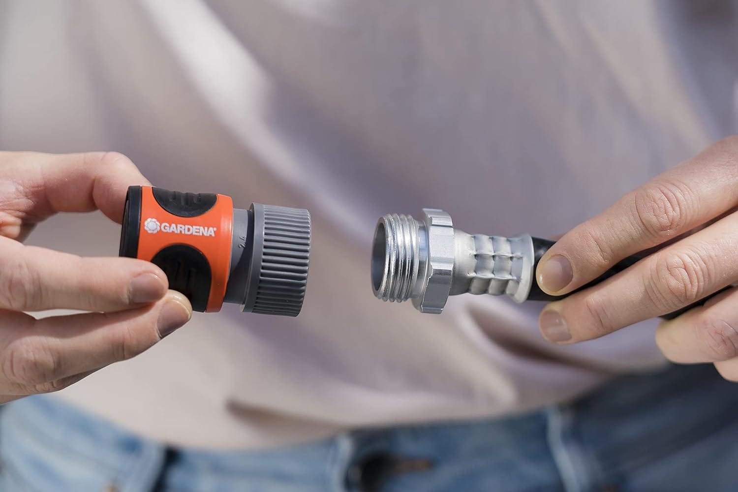 Gardena Classic Garden Hose Connector with Water Stop, orange and grey quick-connect on Tampa Home & Garden Store