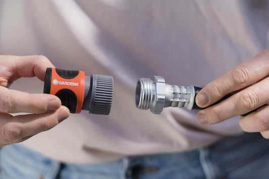 Gardena Classic Garden Hose Connector with Water Stop, orange and grey quick-connect on Tampa Home & Garden Store