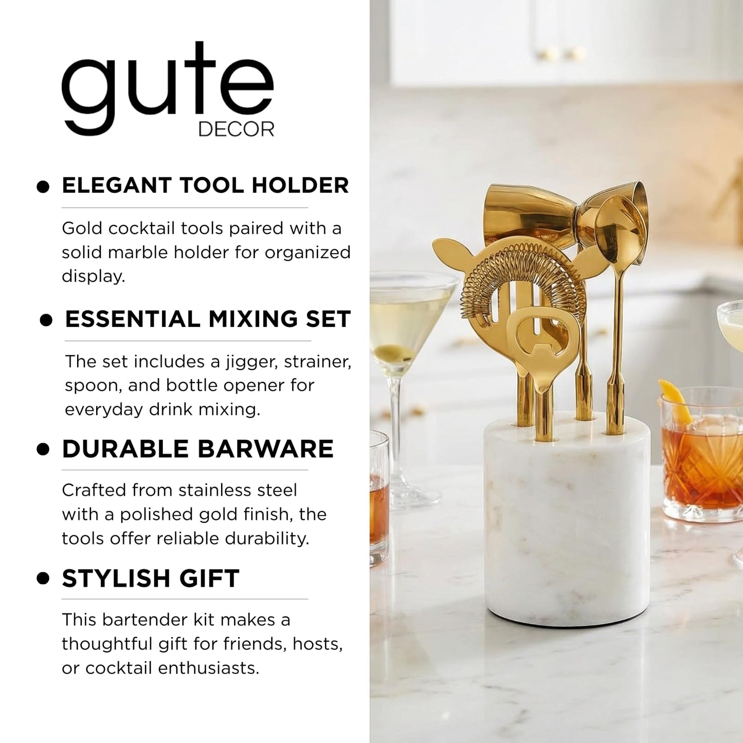 Gold Marble Cocktail Bar Tool Set With the Stand