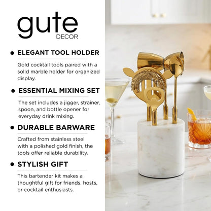Gold Marble Cocktail Bar Tool Set With the Stand