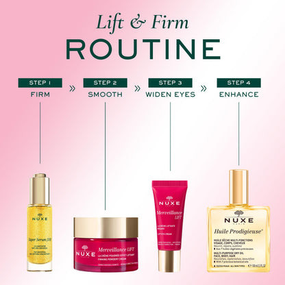 Eye cream Nuxe Merveillance Lift 15ml tube with gold serums and pink tube on pink gradient on Tampa Home & Garden Store
