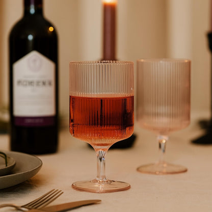 A Pair Of Blush Pink Ripple Stemmed Wine Glasses