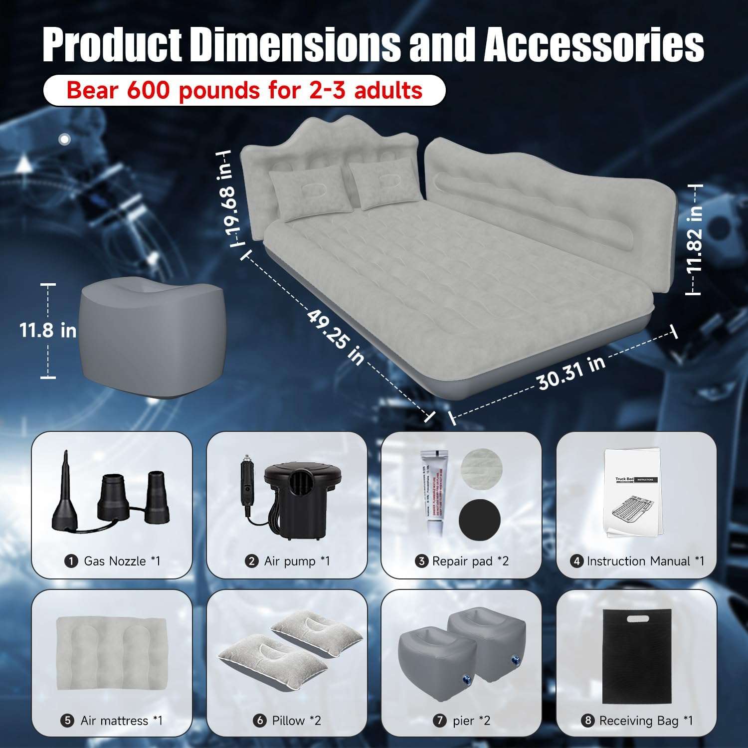 Backseat air mattress by Dikasun Outdoor for SUV, grey inflatable bed, 30.31 in width on Tampa Home & Garden Store