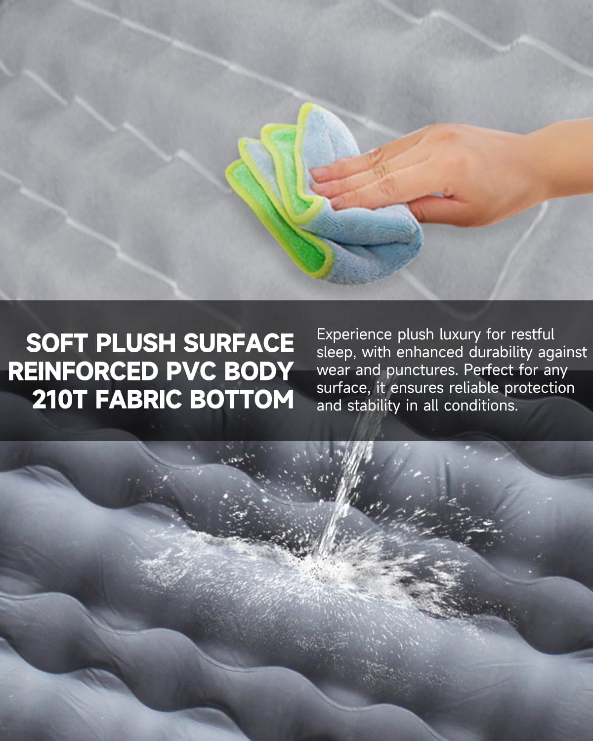 Umbrauto backseat air mattress with plush gray surface being wiped by hand for SUV/van use on Tampa Home & Garden Store