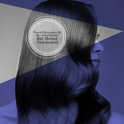 Bioxcin Quantum Bio-Activ Hair Serum concept art showing glossy long hair with blue overlays on Tampa Home & Garden Store