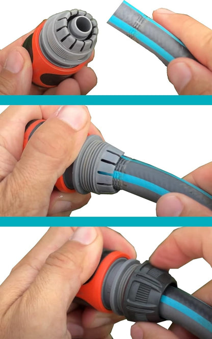 Hose connector 19 mm quick-connect Gardena with orange body and grey collar on blue hose on Tampa Home & Garden Store