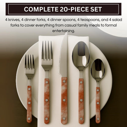 20 Piece Stainless Steel Cutlery Set Red Pattern