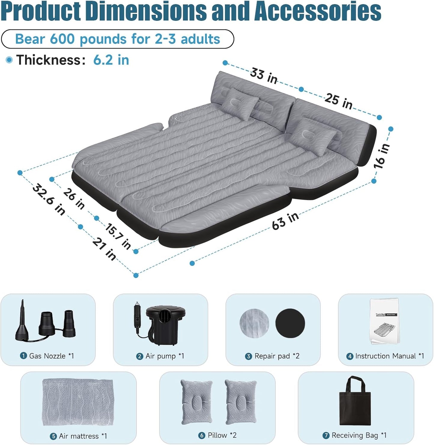 DikaSun 63in Extended SUV Mattress grey with quick inflate includes pump and 2 pillows on Tampa Home & Garden Store