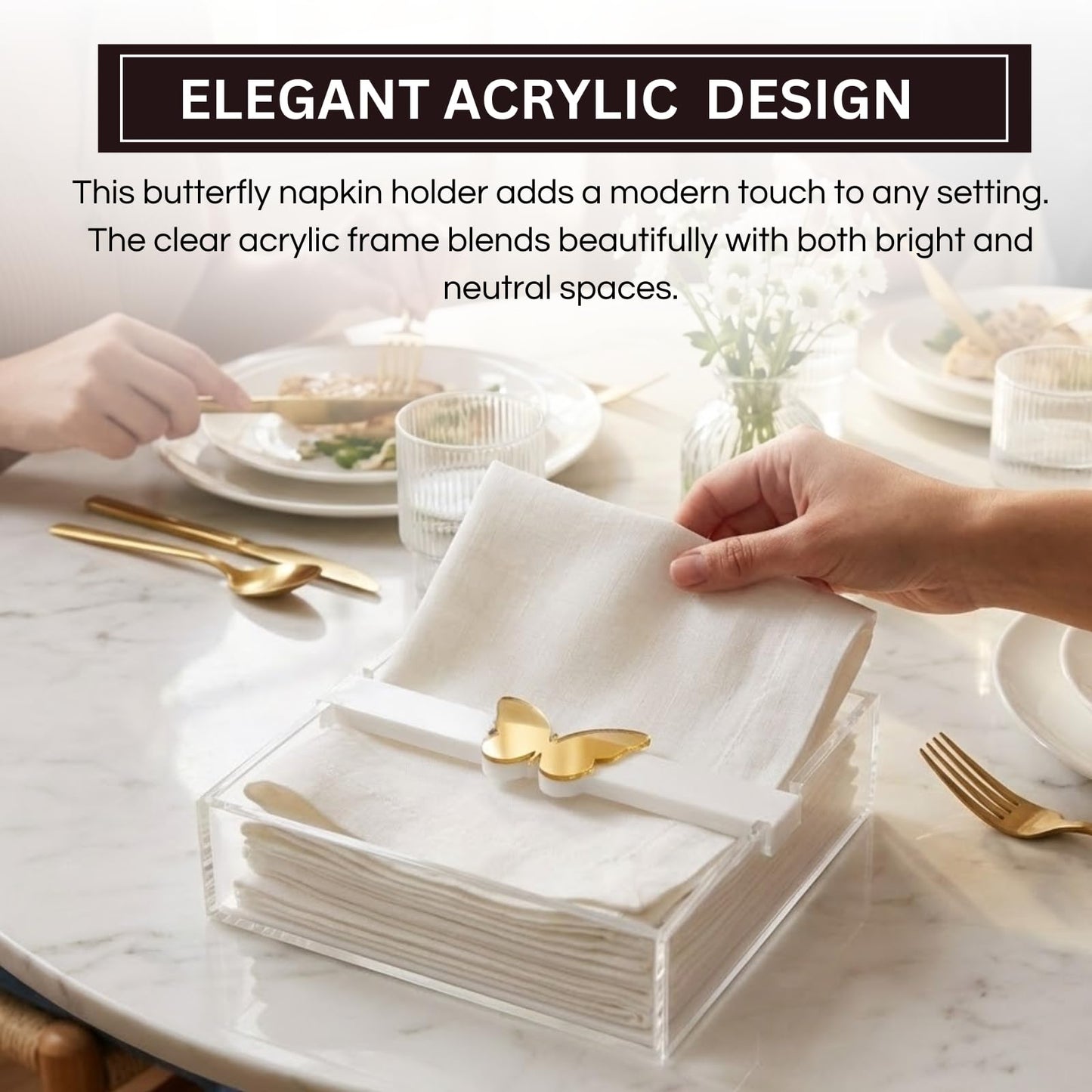 Clear Acrylic Napkin Holder with A Gold Butterfly
