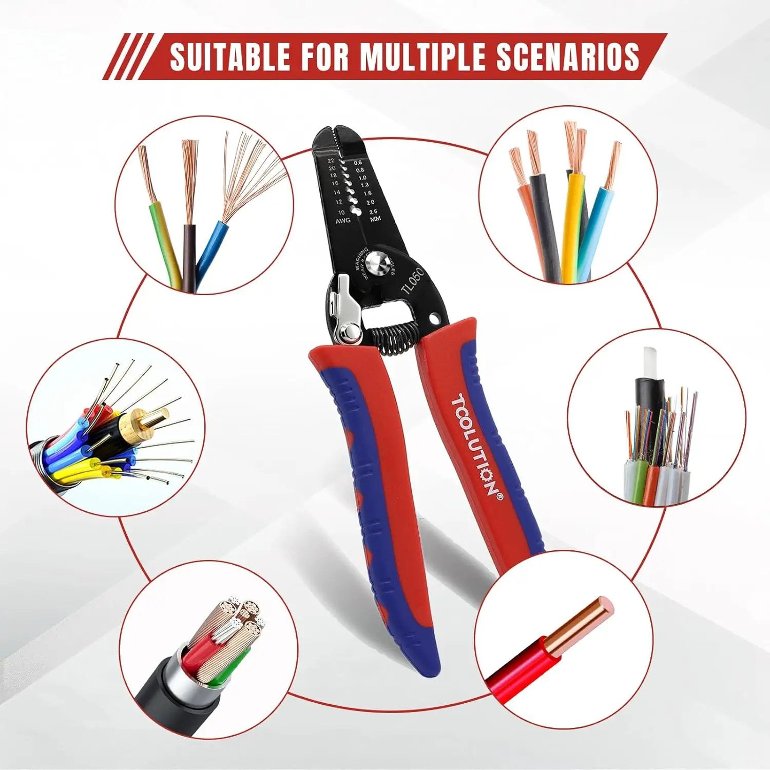 Professional wire stripper and cutter with red and blue insulated handles and adjustable gauge on Tampa Home & Garden Store