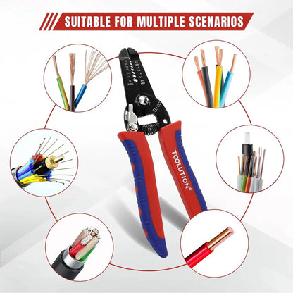 Professional wire stripper and cutter with red and blue insulated handles and adjustable gauge on Tampa Home & Garden Store