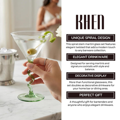 Green Spiral Stem Martini Glasses Set of 2