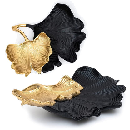 Black and Gold Ginkgo Leaf Two Tier Tray