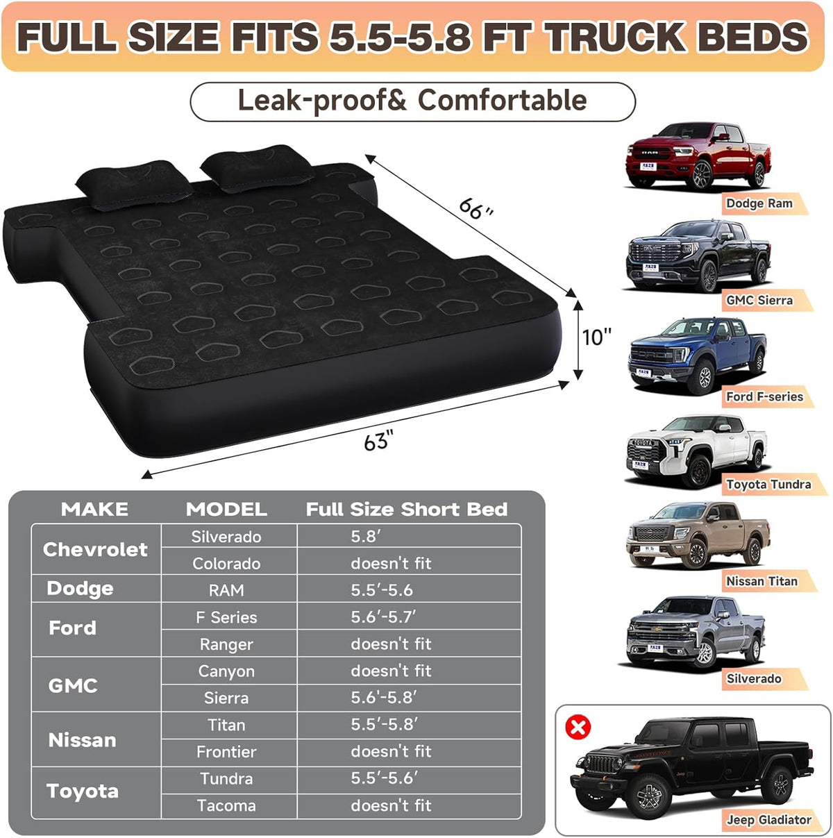 Umbrauto full-size truck bed air mattress black/grey with two pillows on Tampa Home & Garden Store