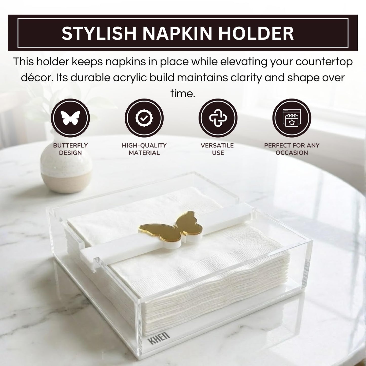 Clear Acrylic Napkin Holder with A Gold Butterfly