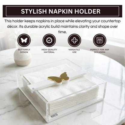 Clear Acrylic Napkin Holder with A Gold Butterfly