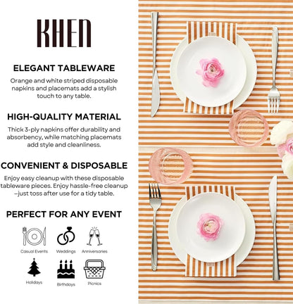 Orange Striped Disposable Dinner Napkin Set of 50