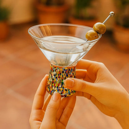 Hand Blown Stemless Confetti and Martini Glasses