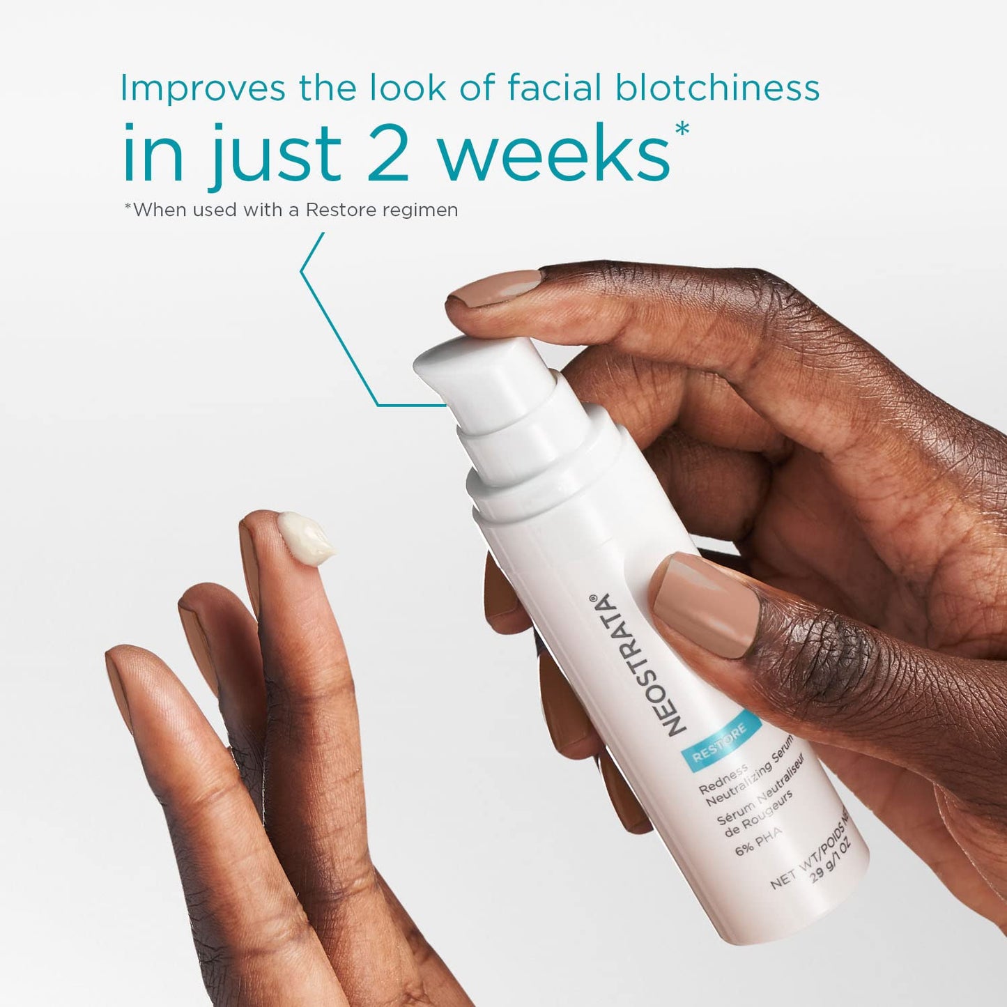 Neostrata Restore Anti-Redness Serum bottle with pump, white plastic, dispensed onto beige-nail finger on Tampa Home & Garden Store