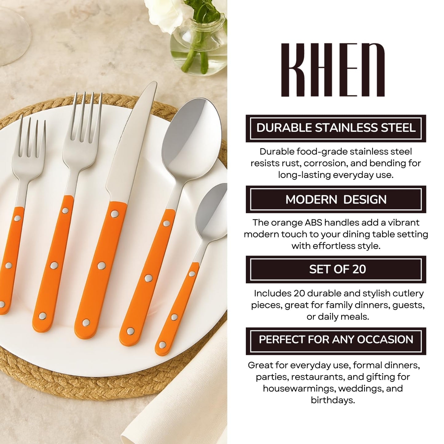 Premium 20 Piece Orange Stainless Steel Flatware