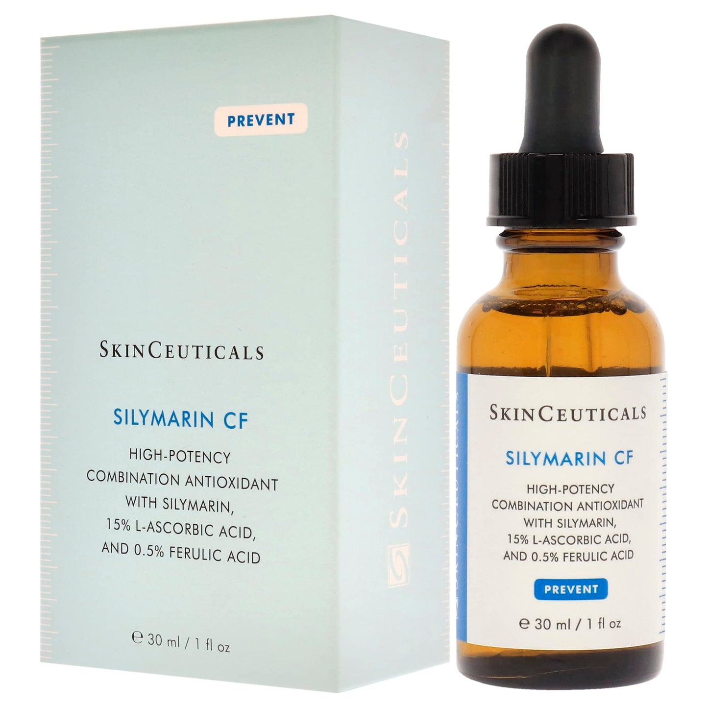 SkinCeuticals Silymarin CF antioxidant serum bottle with dropper beside a pale blue box, 30 ml on Tampa Home & Garden Store