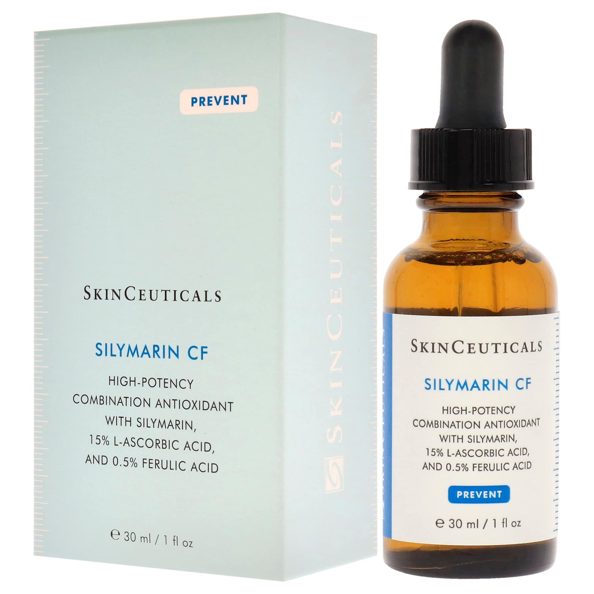 SkinCeuticals Silymarin CF antioxidant serum bottle with dropper beside a pale blue box, 30 ml on Tampa Home & Garden Store