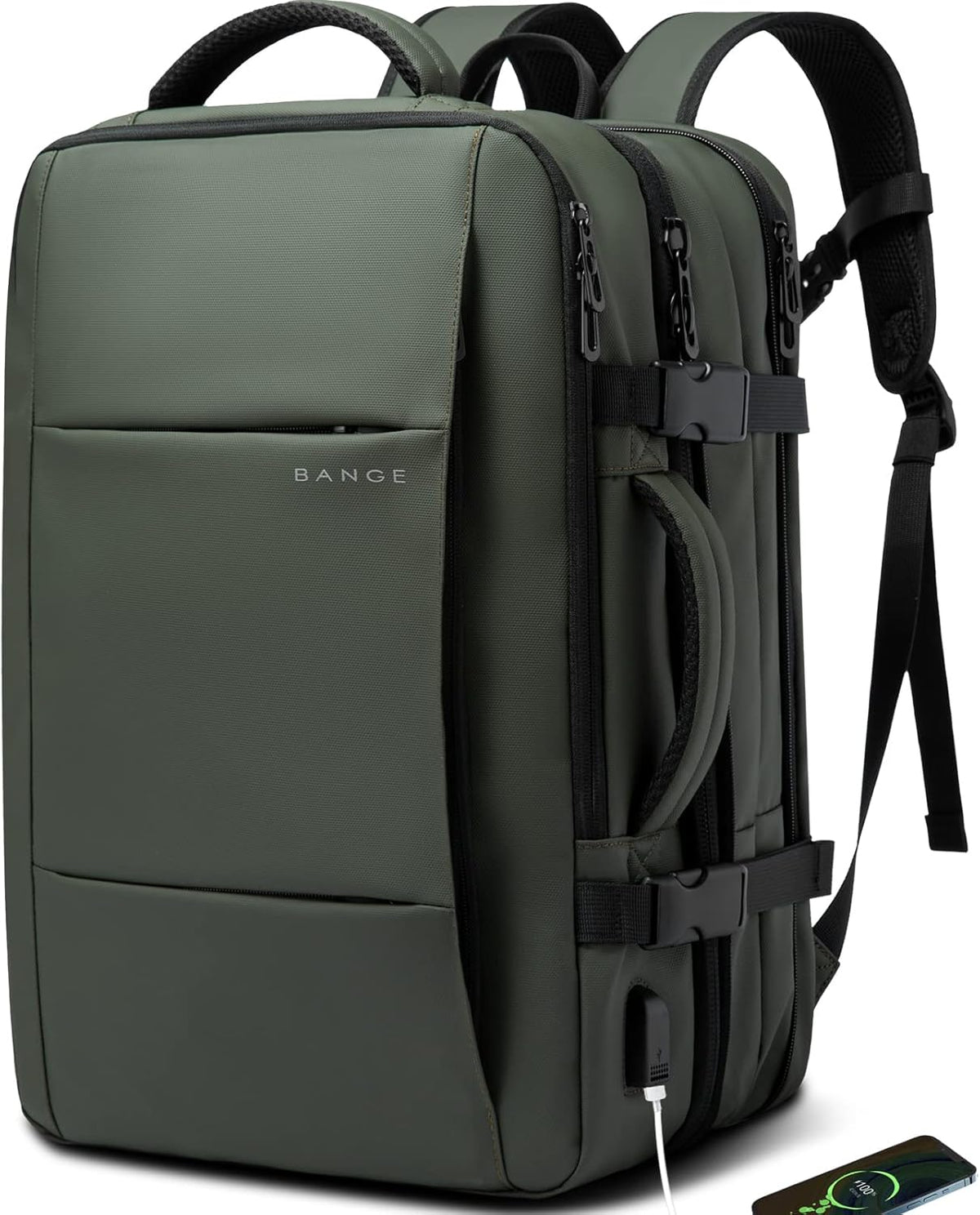Expandable 26–45L laptop backpack in olive green with USB port and zip pockets by BANGE on Tampa Home & Garden Store