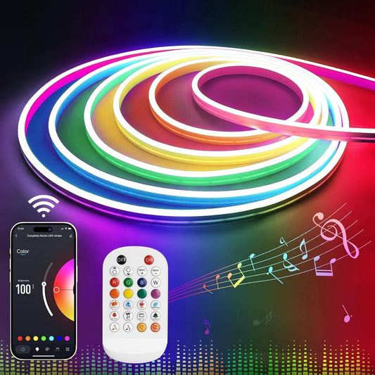 SLNR01 Tira de luces LED de neón RGB con Bluetooth, COB inteligente sin puntos, 12 V CC, 36 W, IP65, para exteriores, regulable, de silicona de bajo voltaje, con clips y tornillos de montaje