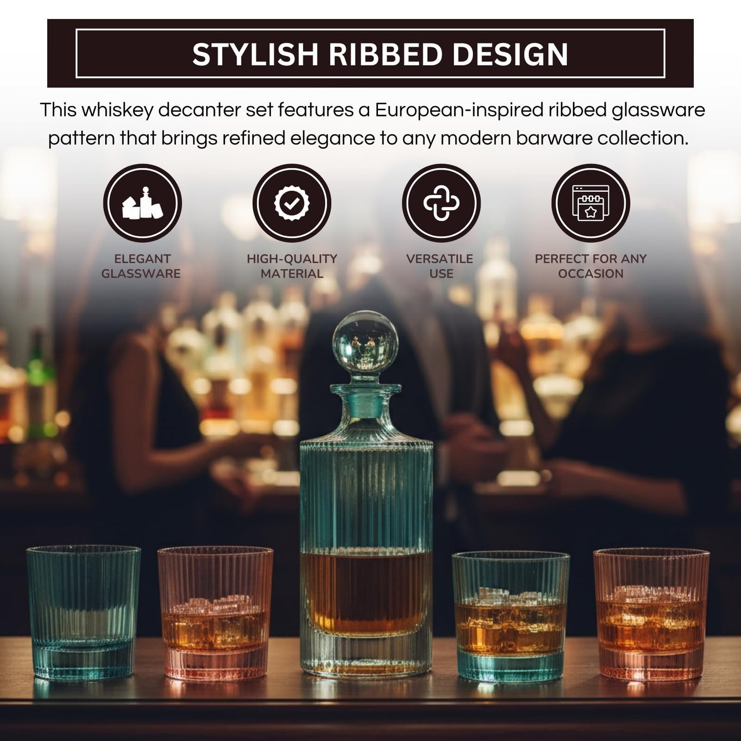 Ribbed Glass Decanter Set and 4 Whiskey Glasses