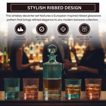 Ribbed Glass Decanter Set and 4 Whiskey Glasses
