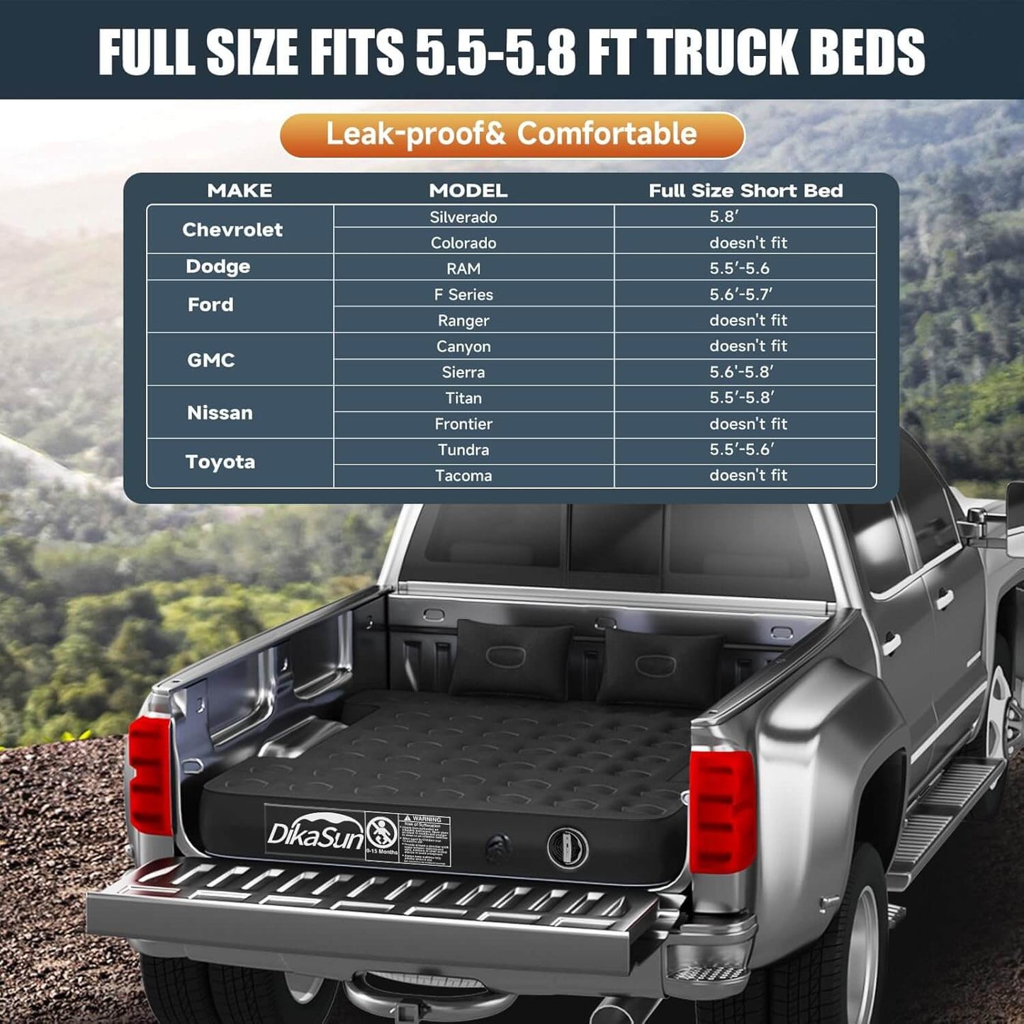 DikaSun 5.5-5.8 ft auto-inflate truck bed air mattress in black with DikaSun logo on Tampa Home & Garden Store