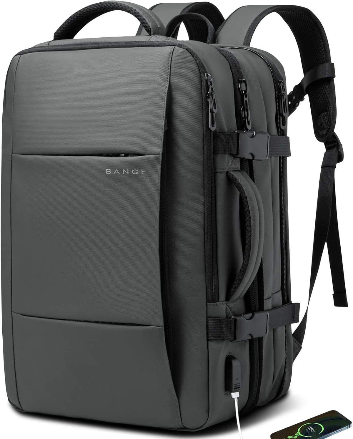 Expandable travel backpack 26–45L gray laptop with USB port and zip pockets on Tampa Home & Garden Store