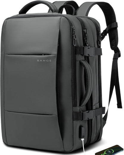 Expandable travel backpack 26–45L gray laptop with USB port and zip pockets on Tampa Home & Garden Store
