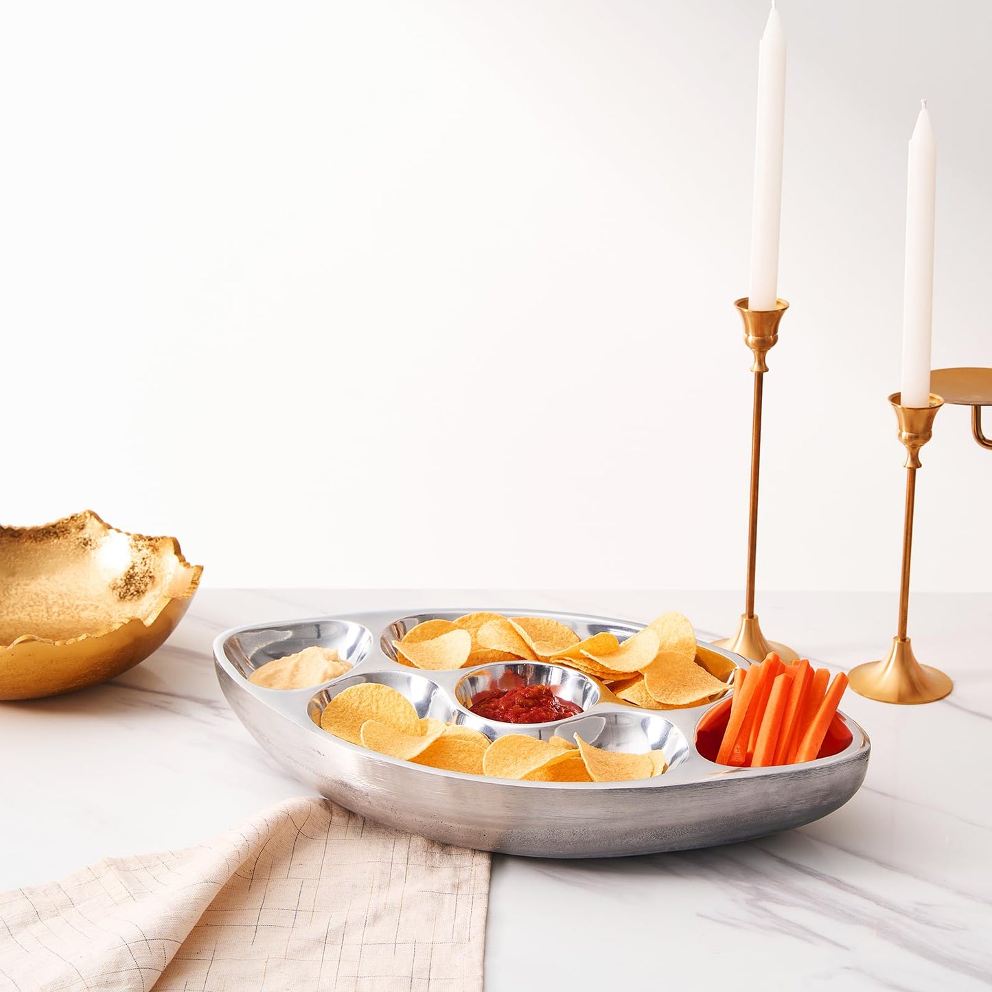 Silver Brass Football Chip and Dip Serving Bowl
