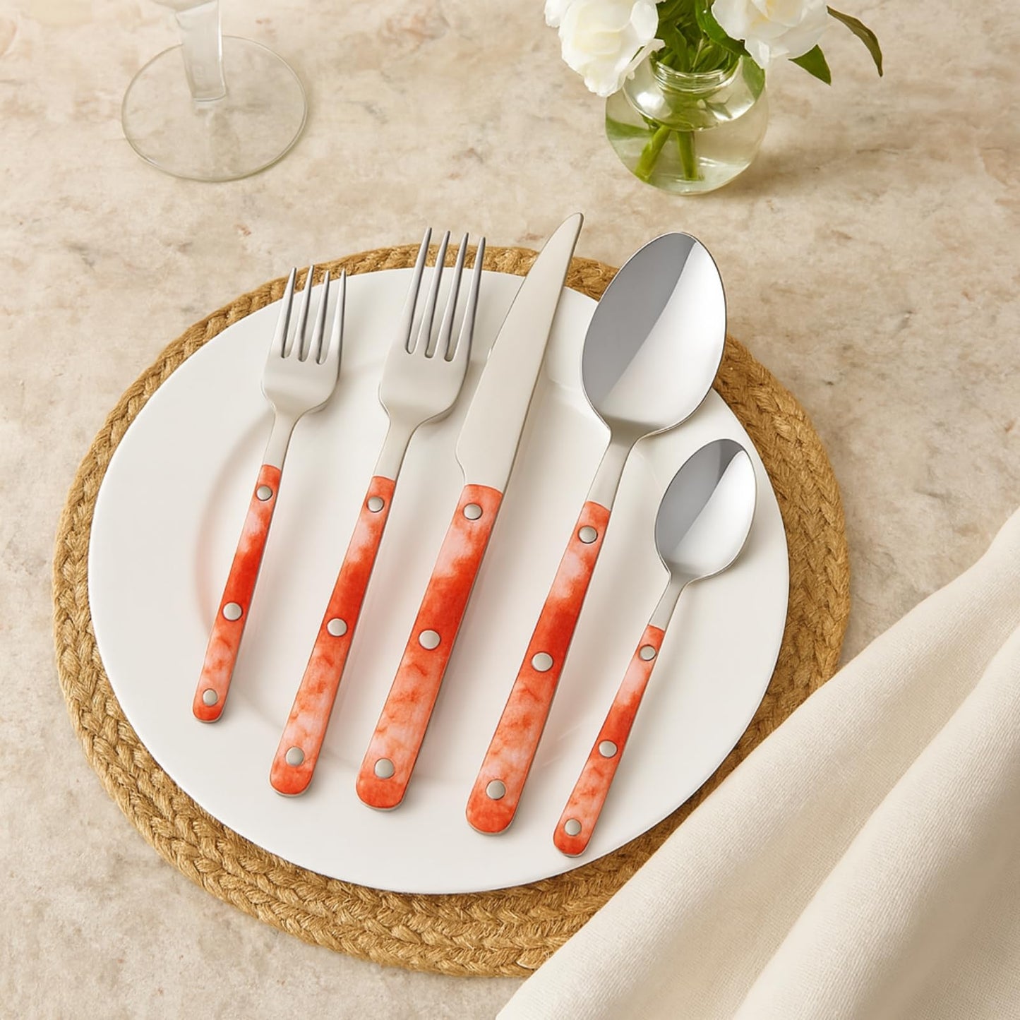 20 Piece Stainless Steel Cutlery Set Red Pattern