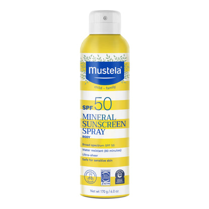 Mustela SPF50 sunscreen spray bottle with yellow body and blue label on Tampa Home & Garden Store