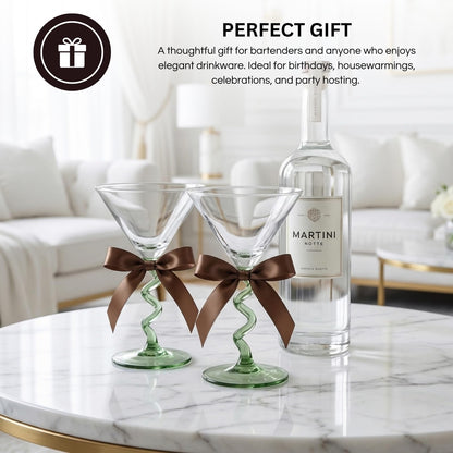 Green Spiral Stem Martini Glasses Set of 2