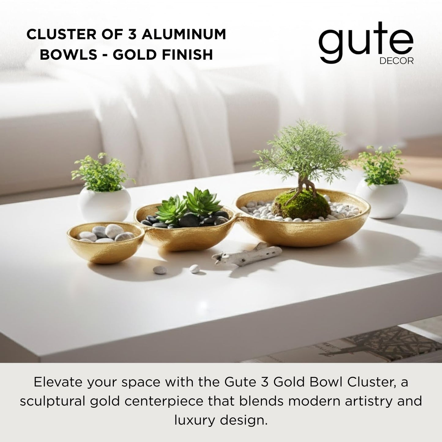 Modern Cluster of Three Gold Decorative Bowls