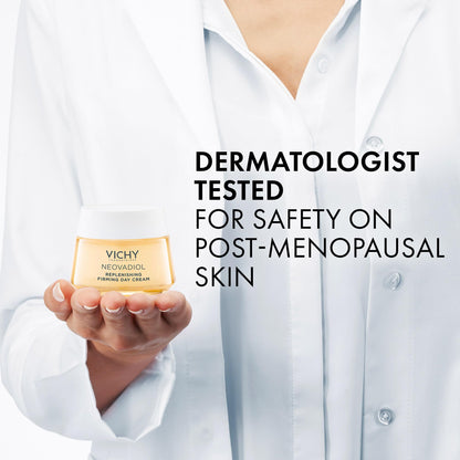 Vichy Neovadiol replenishing day cream bottle held in a hand in a white lab coat on Tampa Home & Garden Store