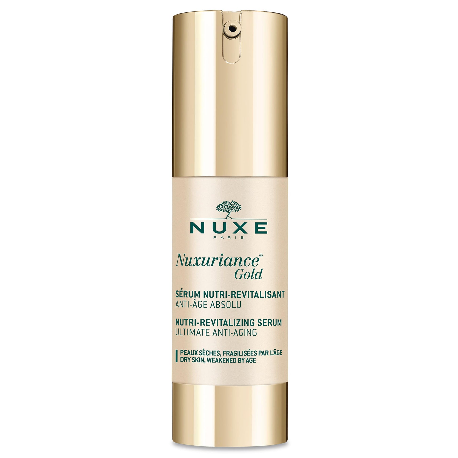 Face serum Nuxuriance Gold by NUXE Paris in a sleek gold bottle with green logo on Tampa Home & Garden Store