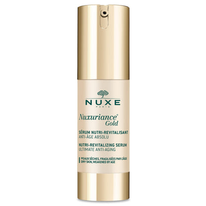 Face serum Nuxuriance Gold by NUXE Paris in a sleek gold bottle with green logo on Tampa Home & Garden Store