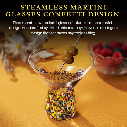 Hand Blown Stemless Confetti and Martini Glasses