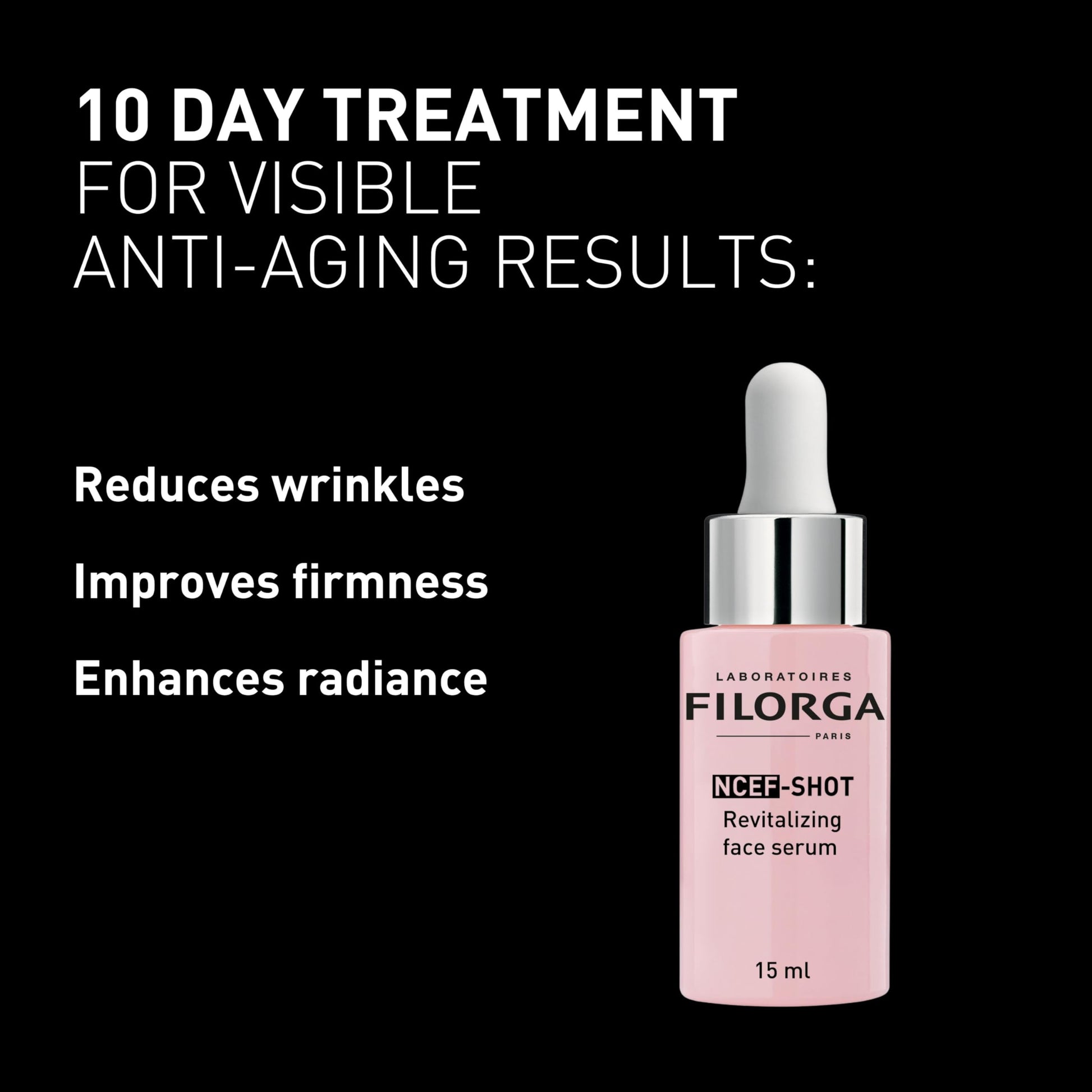 Face serum Filorga NCEF-SHOT Revitalizing pink bottle with silver pump, 15 ml on Tampa Home & Garden Store