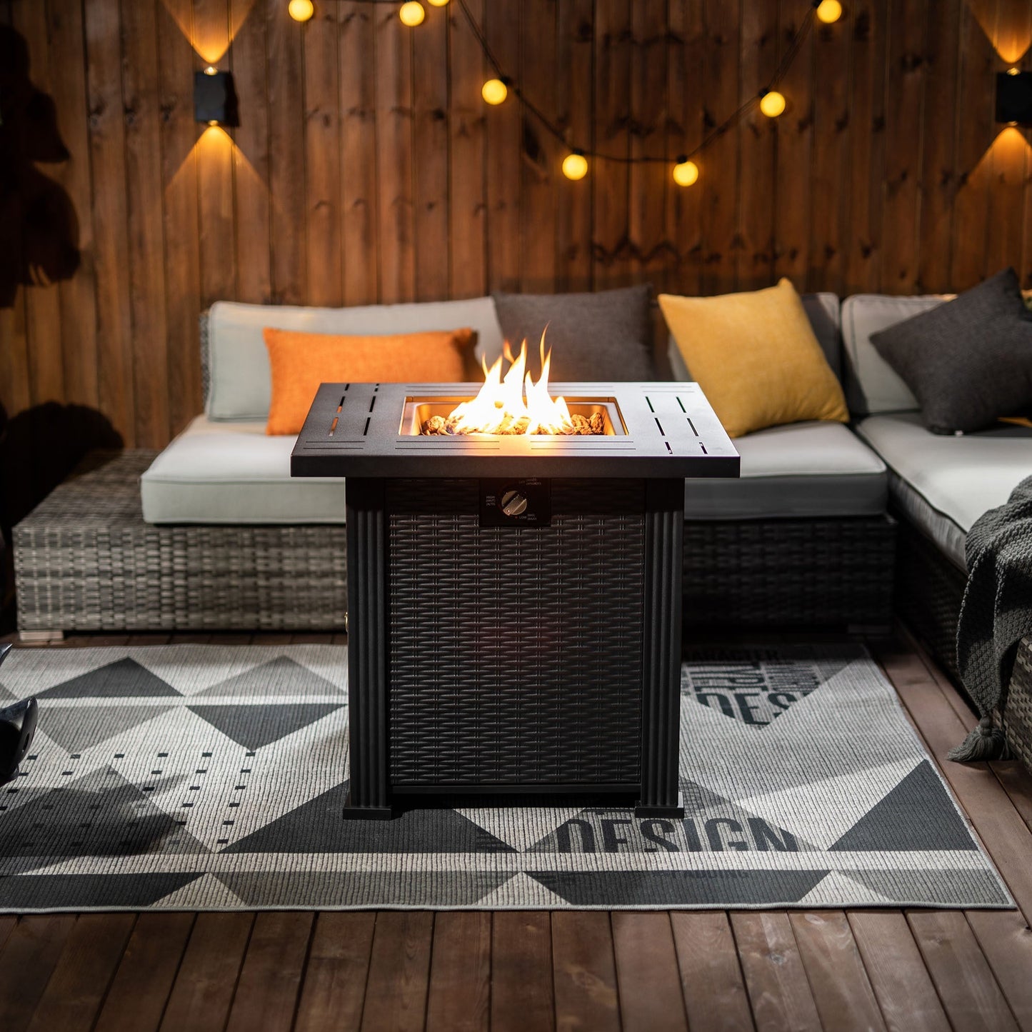 HouseOfZazla 28-inch propane fire pit table, 50,000 BTU, square steel with wicker frame, on Tampa Home & Garden Store